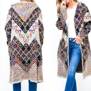 Northern Angel Hooded Rainbow Knit Duster Cardigan S/M  Boho Southwestern